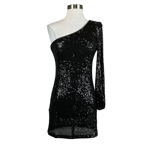 Betsey Johnson Women's Cocktail Dress Size 4 Black Sequined One Shoulder Mini - Picture 1 of 14
